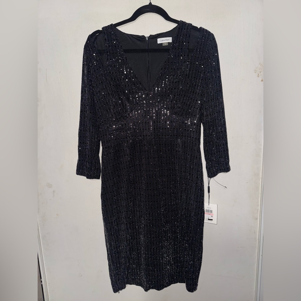 Calvin Klein Black Sequin V-Neck Long Sleeve Dress